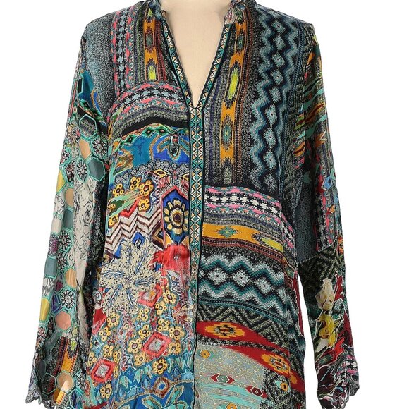 Johnny Was  silk Long sleeve, chevron/herringbone pattern, floral, teal, tunic - Picture 1 of 5